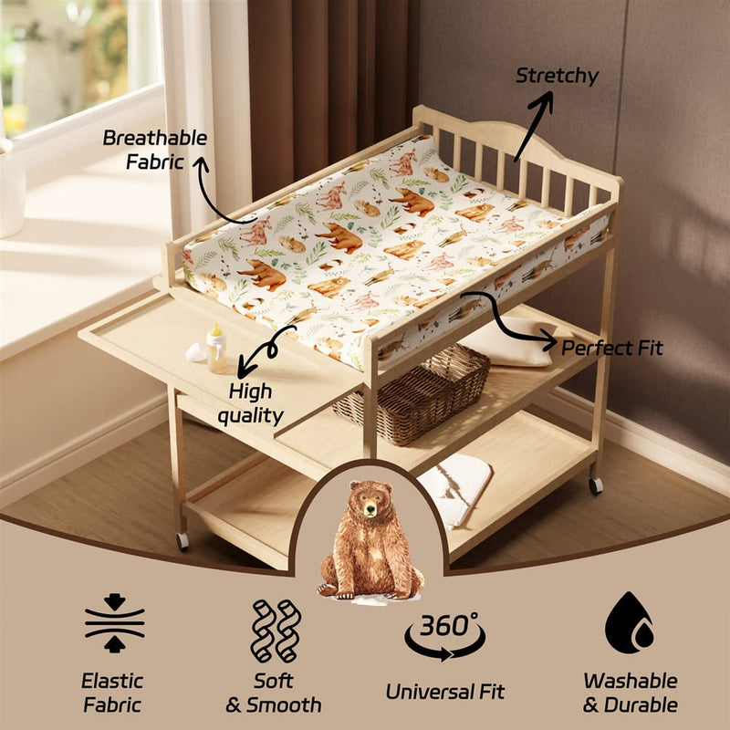 [Australia] - 4 Pack Changing Pad Covers Woodland Forest Animals Wood Neutral Unisex Fitted Baby Changing Pad Cover Set for Baby Boys or Girls 