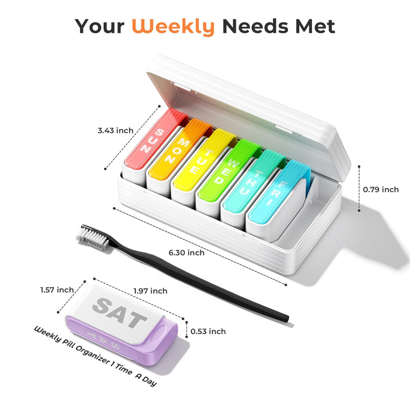 Betife Travel Pill Organizer, Weekly Pill Organizer for 1 Time a Day with Easy Sliding Drawers, Large Pill Box with Airtight Seals for Supplements and Vitamins, White