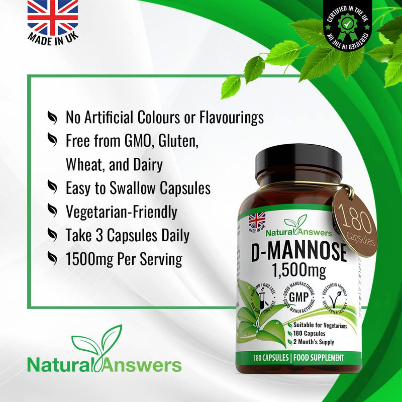 D-Mannose 180 Capsules - Max Strength 1500mg per Serving - Precision DMannose - Vegetarian Capsules not Tablets or Pills, Made in The UK (180 Count (Pack of 1)) 1 count (Pack of 1)