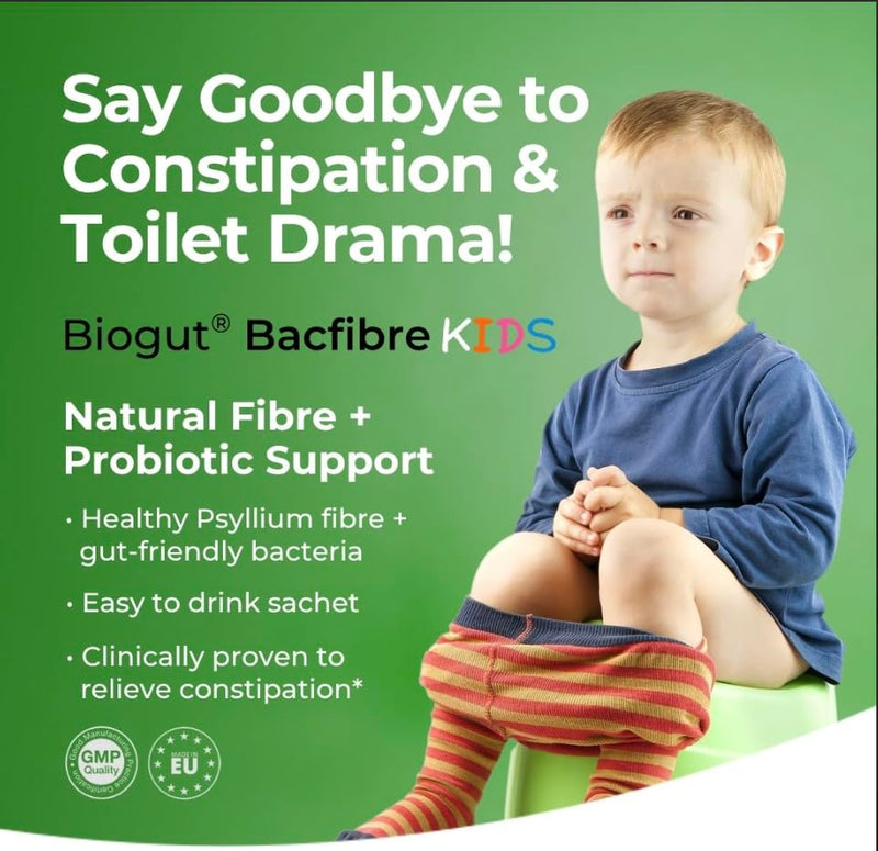 Biogut Bacfibre Kids Psyllium Husk (Ispaghula Husk) Fibre with High Strength 6 Billion Friendly Bacteria - Supports Constipation Relief and Stool Regularity -14 Sugar Free Sachets