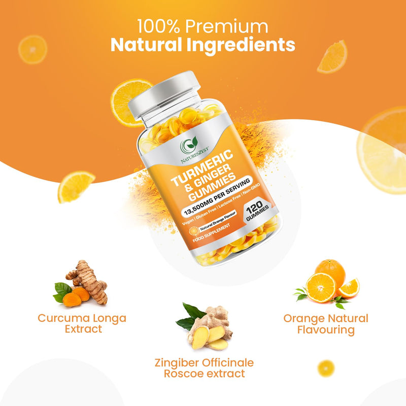 Turmeric and Ginger Gummies High Strength –13,500mg | Joint, Immune & Digestive Support | Vegan, Gluten-Free, Non-GMO, Lactose-Free 120 Chewable Gummies | Natural Orange Flavour by NATURES ZEST 120 count (Pack of 1)