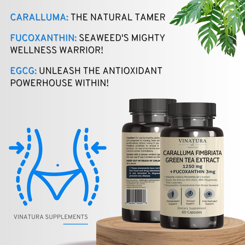 [Australia] - Caralluma Fimbriata, EGCG 45% Extract 1250mg + Fucoxanthin 3mg per Serving *USA Made & Tested* for Immune Support, Energy and Mental Focus - 60 Capsules 30 Servings 