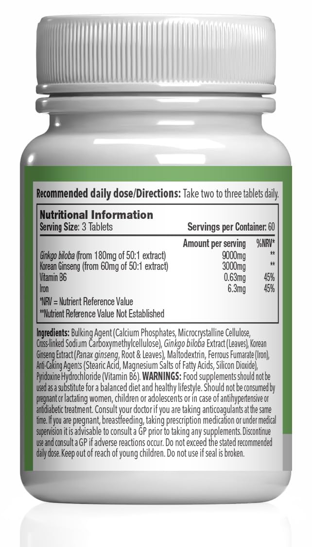 Ginkgo & Ginseng Complex | Standardised Extracts for Mental Performance & Energy | Iron & Vitamin B6 for Cognitive Function & Fatigue Reduction | 180 Tablets = 2 Months' Supply 180 count (Pack of 1)