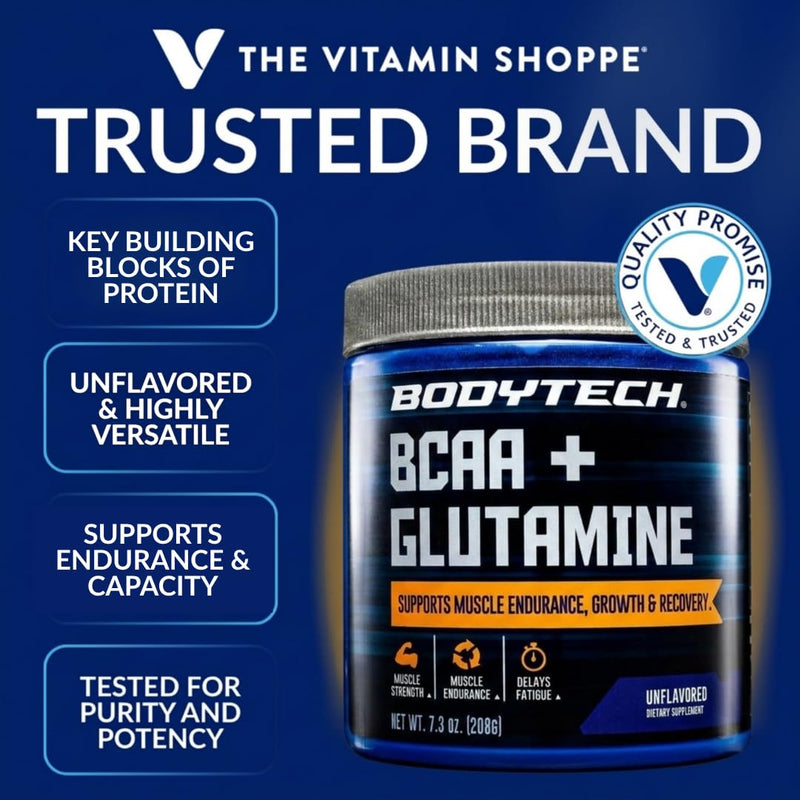 BodyTech BCAA + Glutamine Powder, Unflavored, 7.3 Oz, 30 Servings | Vitamin C, L Glutamine & More, Essential Pre Workout or Post Workout Amino Acids for Men & Women 7.3 Ounce (Pack of 1)
