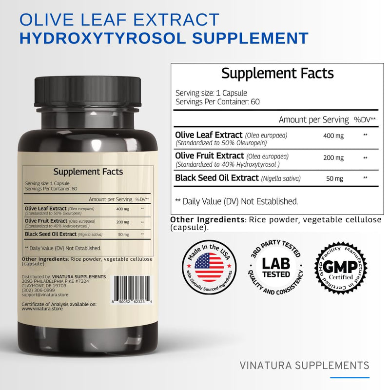 [Australia] - Hydroxytyrosol Supplement, Olive Leaf Extract - 40% Hydroxytyrosol Olive Fruit Extract, 50% Oleuropein Olive Leaf Extract Capsules - 60 Capsules 