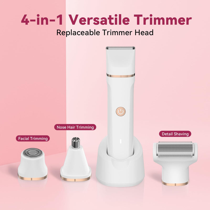 [Australia] - Electric Bikini Trimmer for Women - 4 in 1 Electric Razors for Women, Waterproof Pubic Hair Trimmers and Facial Hair Remover, Replaceable Shaver & Nose Hair Trimmer, Rechargeable Women's Grooming Kit White 