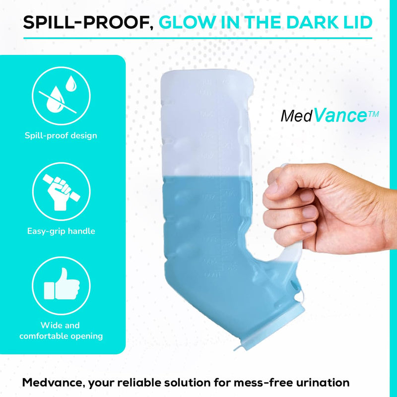 [Australia] - MedVance- Urinals for Men 1000ml with Glow in The Dark Spill Proof Pop Cap Lid, Plastic Pee Bottles for Men, Male Urinals, Pee Container Men, Portable Urinal for Car, Elderly & Incontinence (2 Pack) 