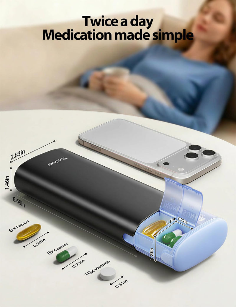 Vaydeer Metal 7 Day Travel Pill Organizer 2 Times a Day, Built-in Desiccant | AM PM weekly Travel Pill Case, Twice-Daily，Airtight Large Capacity Pill Box for Vitamins, Medication, Supplements & Fish Oil Black Standard Size