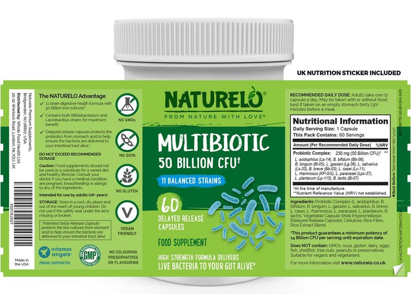 NATURELO Probiotic - Ultra Strength - 50 Billion CFU - 11 Lacto & Bifido Strains - One Daily - Gut-Friendly Bacteria - No Refrigeration Needed - 60 Vegan Capsules | 2 Month Supply 60 count (Pack of 1)