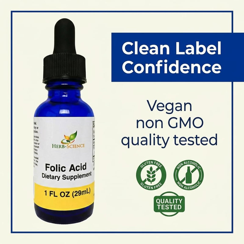 Liquid Vitamin B9 Folic Acid Drops, Alcohol-Free, 1 Oz | Made with Only 3 Premium Ingredients, Vegan and Non-GMO, in a Cobalt Glass Bottle with Flexible Daily Serving