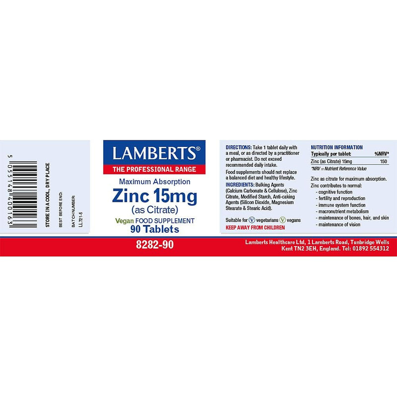Lamberts Zinc Tablets – 15mg Elemental Zinc as Citrate – Immune, Skin & Reproductive Health Support – 180 Tablets