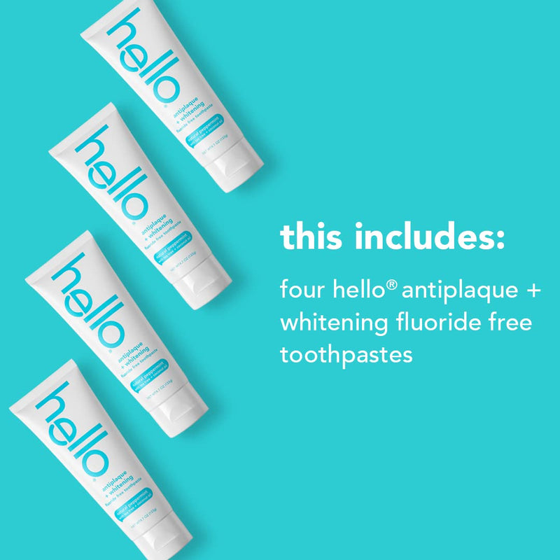 [Australia] - hello Antiplaque and Whitening Fluoride Free Toothpaste, Natural Peppermint Flavor, SLS Free, Gluten Free, Peroxide Free, Vegan, 4.7 Ounce (Pack of 4) 