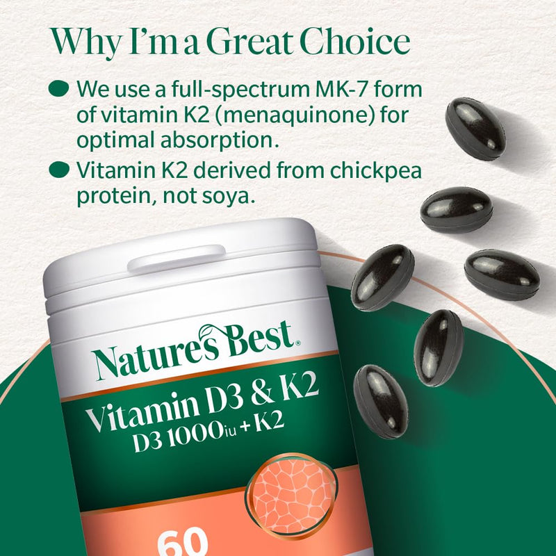 Nature's Best Bone & Immune Boost - High Strength Vitamin D3 1000iu & K2 90µg - Optimal Support for Bones, Teeth, and Immune Function - UK Made - 60 Capsules (2 Months' Supply)