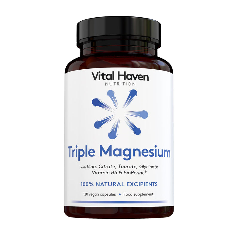 Magnesium Supplement - Citrate + Glycinate + Taurate with Vitamin B6 and BioPerine - 2 Capsules - UK Made 120 count (Pack of 1)