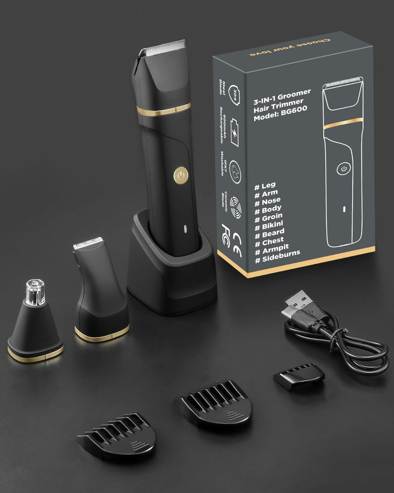 [Australia] - Intimate razor for men, 3 in 1 nose hair trimmer and razor for men, electric, wet and dry use, trimmer for men's intimate area for chest, legs, armpit, groin, nose with standing charging station, IPX7 black 