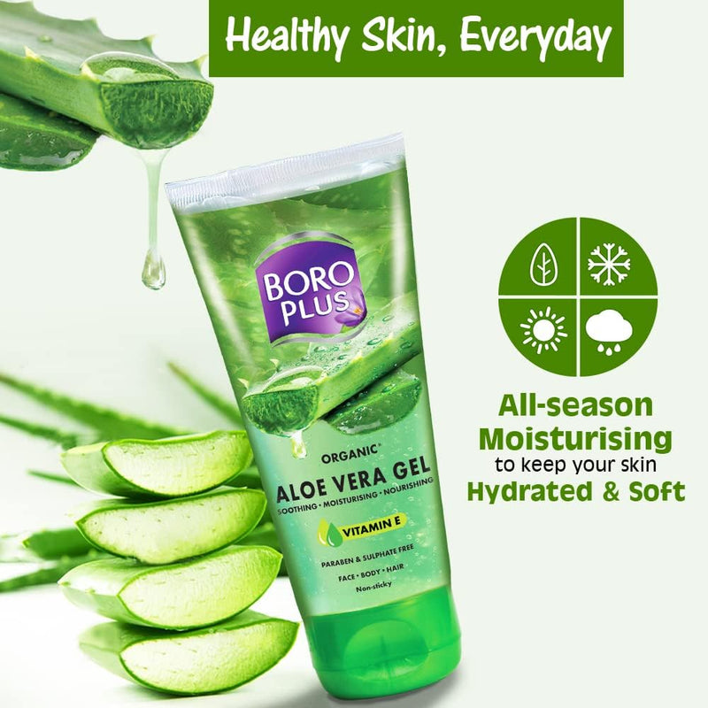 Boroplus Organic Aloe Vera Gel with Vitamin E | Daily Moisturizer for Face, Body & Hair | Soothing & Nourishing Gel for Dry Skin | Hydrating & Non-Sticky | 5.07 Oz (150 ml)