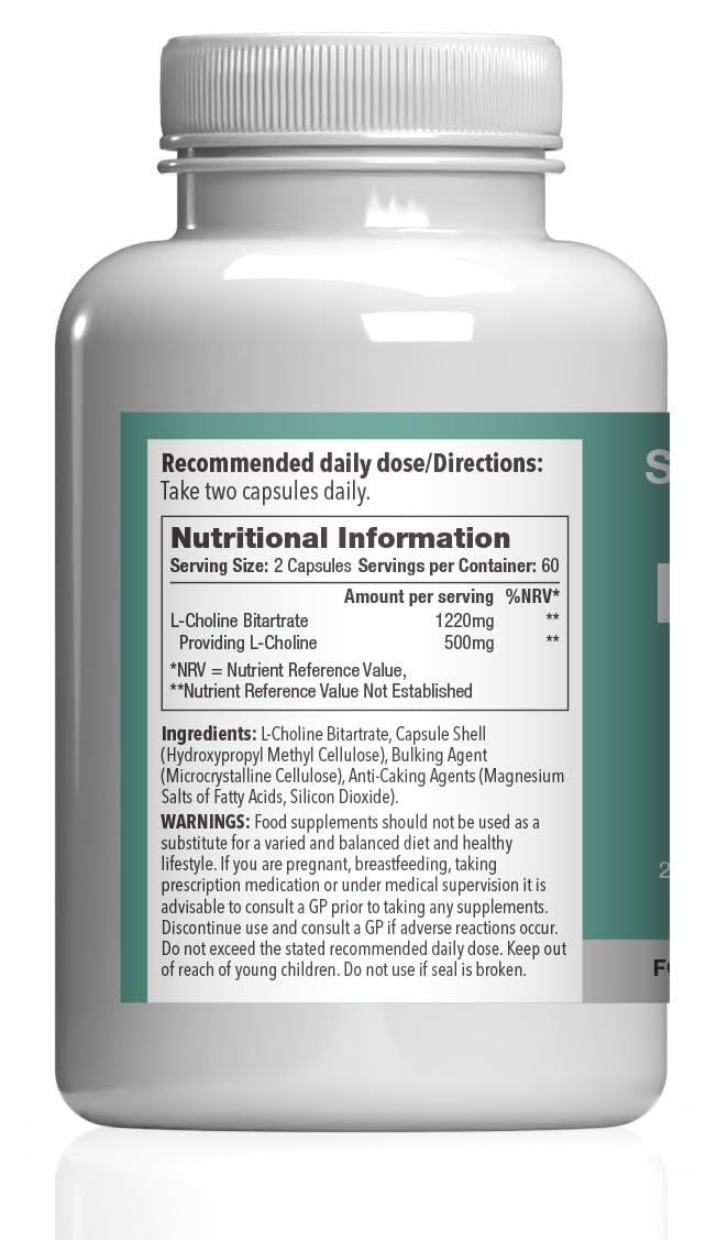 L-Choline Capsules | High-Strength 500mg Active Choline | Suitable for Vegans & Vegetarians | 120 Capsules = 2 Months' Supply | Manufactured in The UK in Accordance with GMP Standards New Label Design