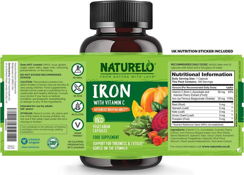 Iron Supplement Bisglycinate 25mg + Vitamin C | 180 Mini Vegan Capsules (6 Month Supply) | Gentle Iron for Women & Daily Use | Vegan Iron Capsules with Whole Food Blend | NATURELO 180 count (Pack of 1)