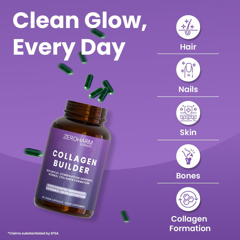 ZeroHarm Collagen Builder – Plant-Based Supplement with Food-Sourced Ingredients – Skin, Hair & Joint Support – Liposomal Absorption – Powered by Real Food Ingredients – 60 Vegan Capsules