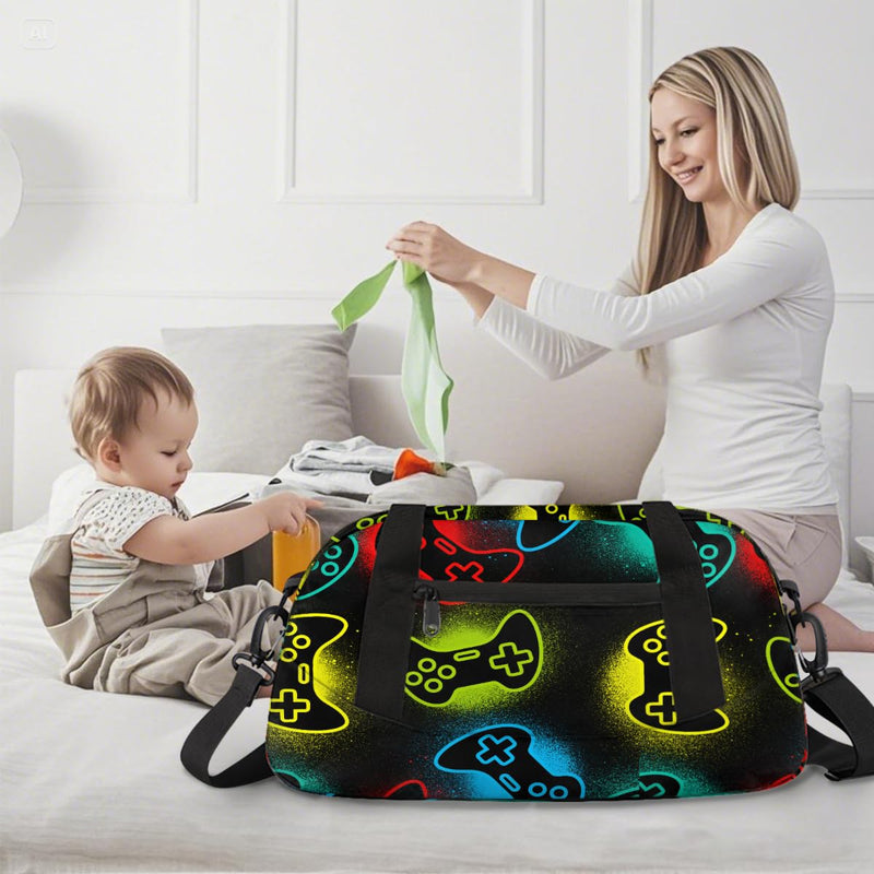 Gym Travel Duffle Bag for Boys - Game Joysticks Kids Overnighter Weekend Bag with Front Zipper Pocket for School Practice, Teens Carry-On Size Sleepover Bags Gamer Gamepad