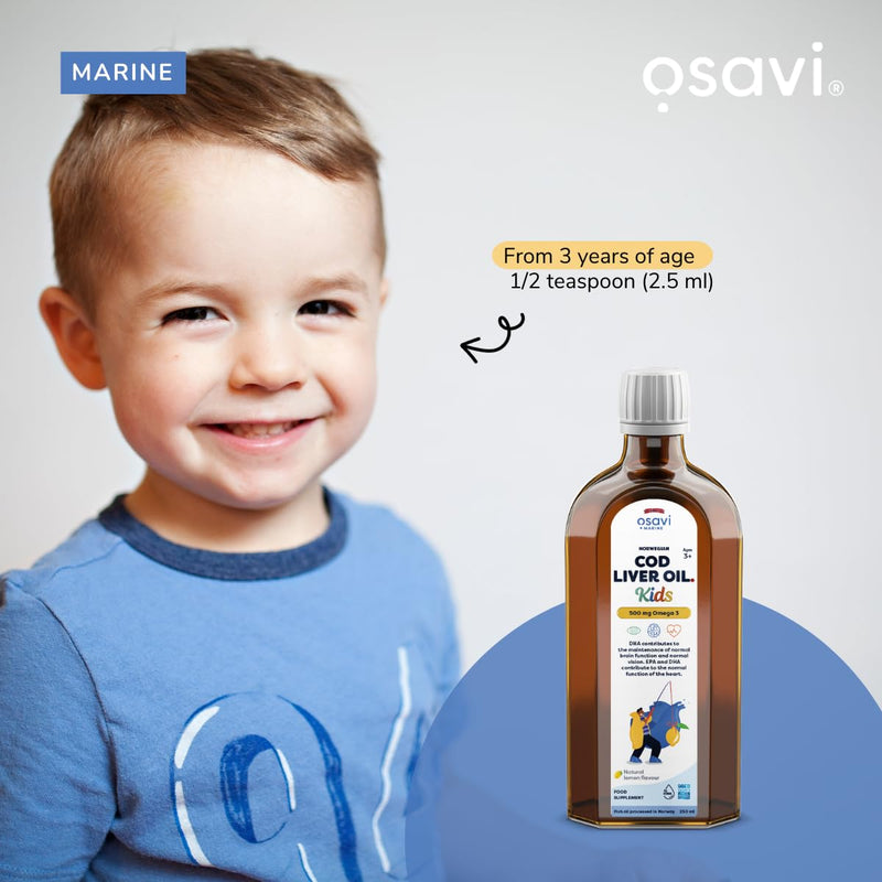 Osavi Norwegian Cod Liver Oil Kids – 250 ml | 500 mg Omega–3| Supports Brain Function, Vision, Heart Health, Immune System | Includes 135 µg Vitamin A | Lemon Flavour | Made in Norway