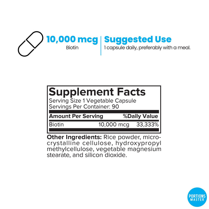 Portions Master Biotin 10000mcg, Hair, Nails & Skin (90 Veg Capsules)