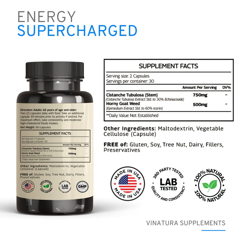 [Australia] - Cistanche with Horny Goat Weed 60% Icariin - 1250mg per Serving, Cistanche Tubulosa, Cistanche Supplement Men, Energy, Strength Cognitive *USA Made and Tested* - 60 Capsules 30 Servings 