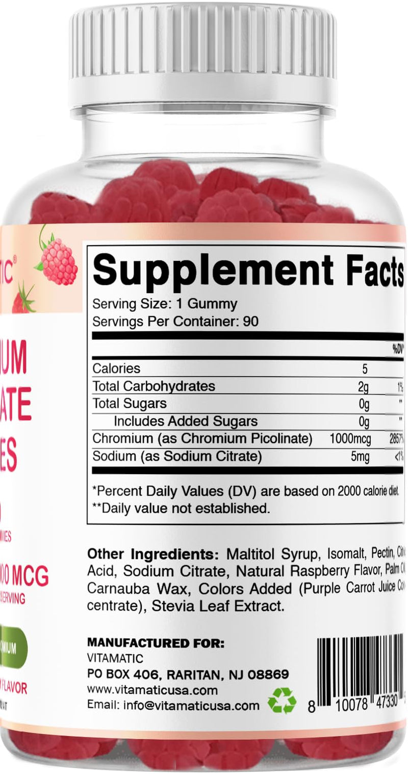 [Australia] - Vitamatic Chromium Picolinate 1000 mcg - 90 Gummies - High Potency Chromium - Raspberry Flavor 90 Count (Pack of 1) 