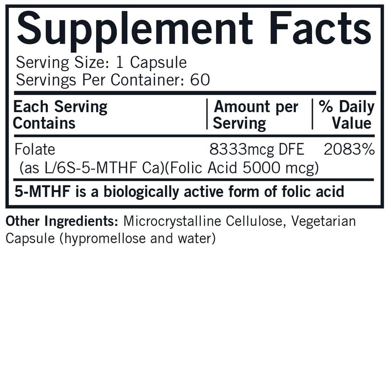 Kirkman 5-MTHF ([6S]-5-Methyltetrahydrofolate) 5 mg - Hypoallergenic | 60 Vegetarian Capsules