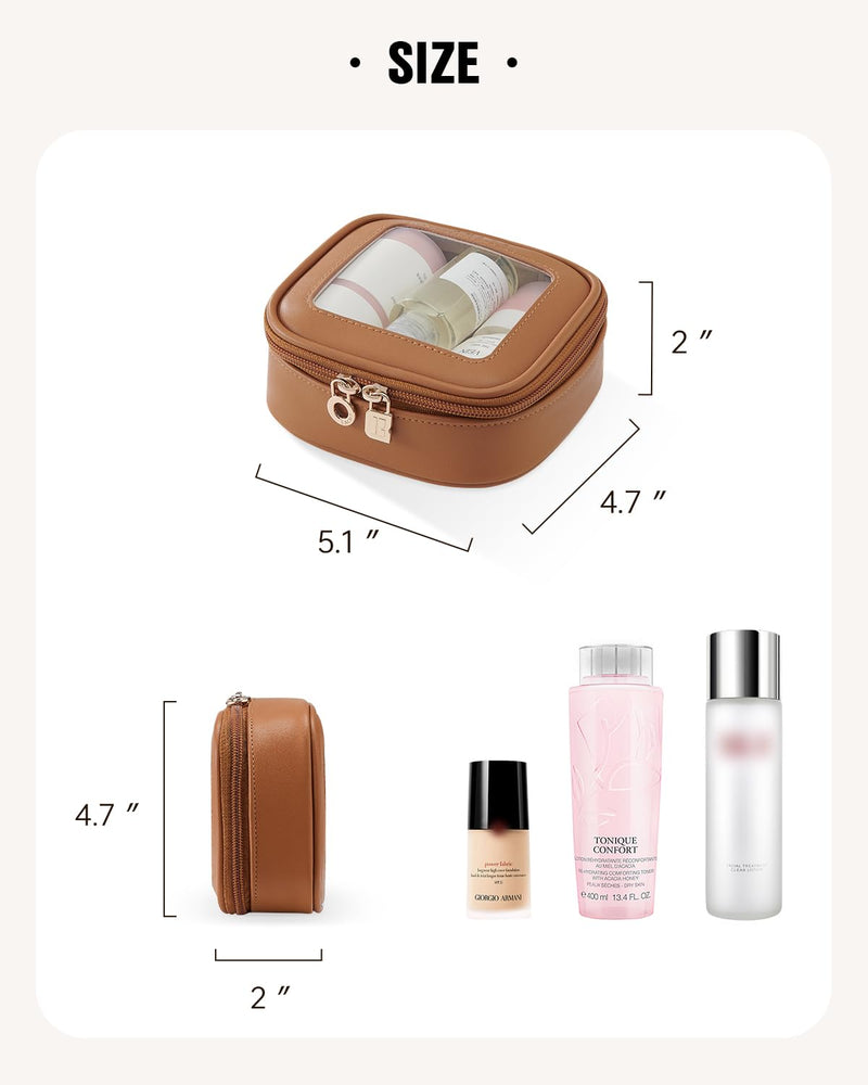 EACHY Travel Makeup Bag（Brown-Medium Size） & Clear Makeup Bag（Brown-Mini Size）