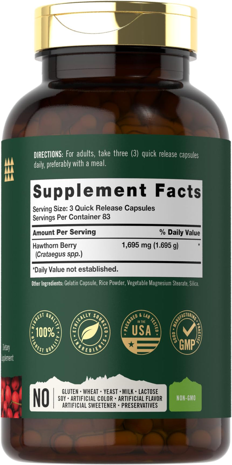 [Australia] - Tahoe Nutritionals Hawthorn Berry Capsules | 1695mg per Serving | 250 Count | Extract Supplement for Women and Men | Non-GMO, Gluten Free Extract 