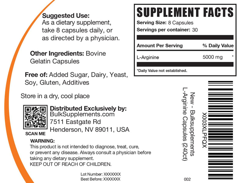 [Australia] - BulkSupplements.com L-Arginine 5000mg Capsules - Arginine Supplement, Nitric Oxide Supplement, L-Arginine Capsules - Gluten Free, 8 Capsules per Serving, 240 Capsules (Pack of 1) 