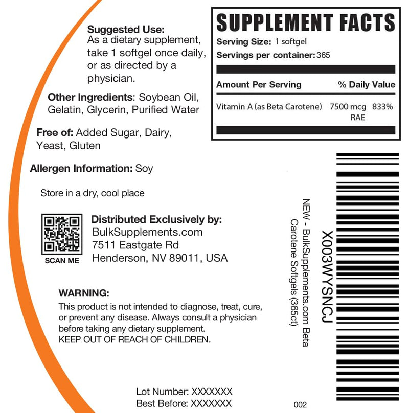 BulkSupplements.com Beta Carotene 25000 IU Softgels - Vitamin A Supplement, Beta Carotene Supplements, Beta Carotene Pills - Gluten Free, 1 Beta Carotene Softgel per Serving, 365 Softgels 365 Count (Pack of 1)