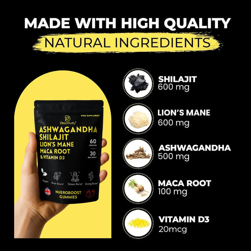 NeuroBoost 5-in-1 Wellness Gummies – Ashwagandha, Shilajit, Lion’s Mane, Maca Root & Vitamin D3 – 60 Vegan Gummies – Supports Relaxation, Cognitive Function & Immune System – High Strength Formula
