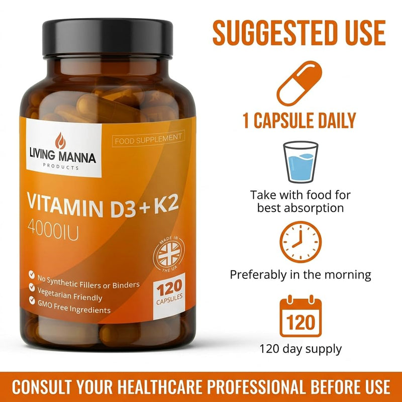 Vitamin D3 4000 IU + K2 MK‑7 100mcg High Strength | 120 Vegetarian Capsules | Bone, Immune & Heart Support | Pure D3 & K2 | UK Made – Living Manna 120 count (Pack of 1)