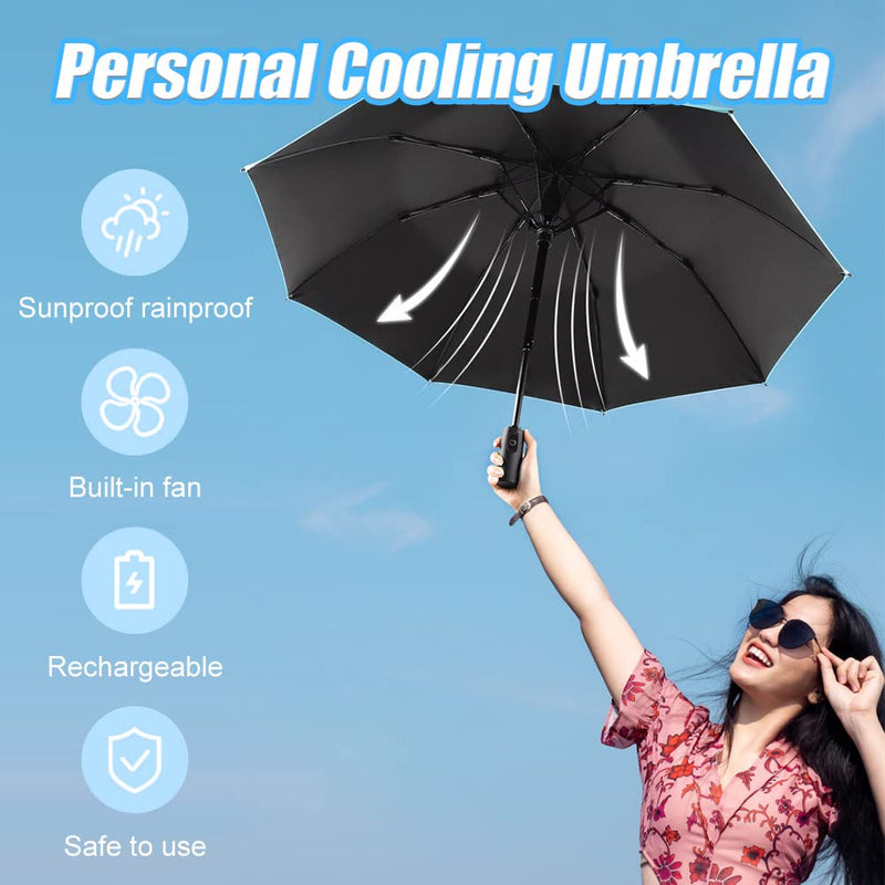 WOOLALA UV Sun & Rain Umbrella with Built-in Cooling Fan, Portable Foldable Design, UPF 50+ Protection, USB Rechargeable for Sports Games, Theme Parks on Hot Days Blue Outside