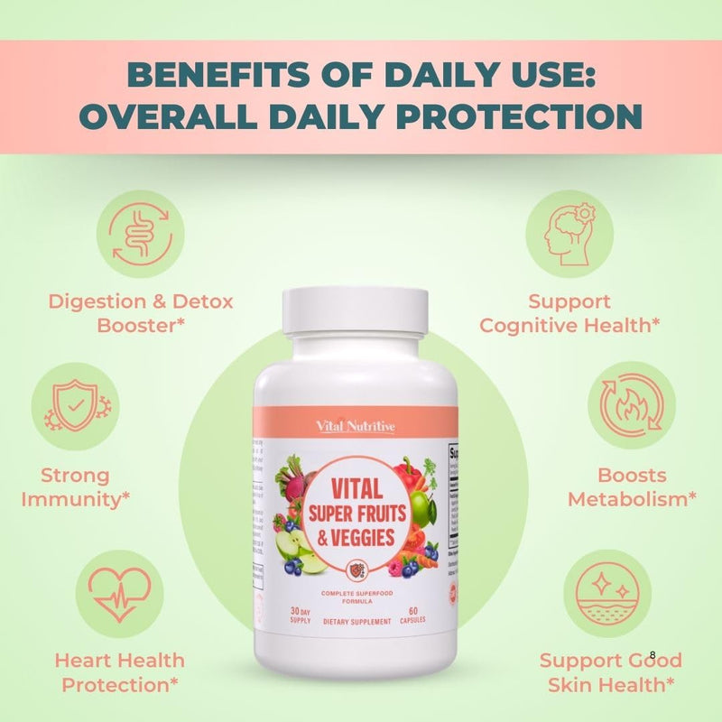 [Australia] - Vital Super Fruits & Veggies - Daily Superfood Capsules for Adults - Fruit and Veggies Supplement to Boost Immunity & Energy - 2-in-1 Formula for Overall Wellness - Fruit and Vegetable Capsules 60 Count (Pack of 1) 