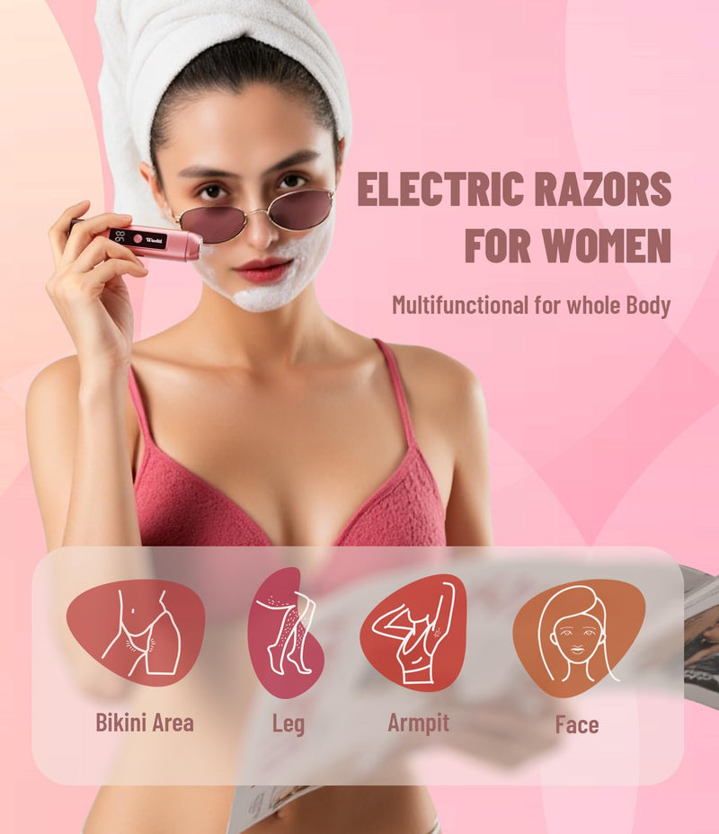 [Australia] - Electric Bikini Trimmer for Women: Razor & Shaver with Dual Heads for Body Pubic Hair, IPX7 Waterproof with LED Display - Rechargeable Lady Trimmer for Underarm Body Leg Face Gold-d 