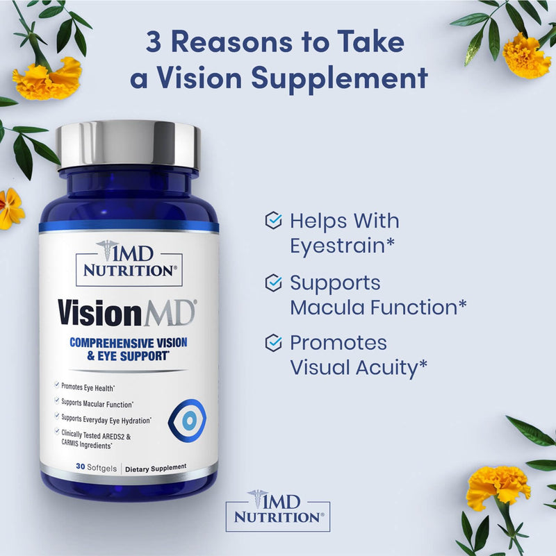 1MD Nutrition VisionMD Eye Vitamin CARMIS - Eye Supplement for Adults - with OptiLut Lutein & Zeaxanthin - Supports Vision Health Care, Everyday Eye Strain, & Occasional Dry Eye - 30 Softgels 30 Count (Pack of 1)