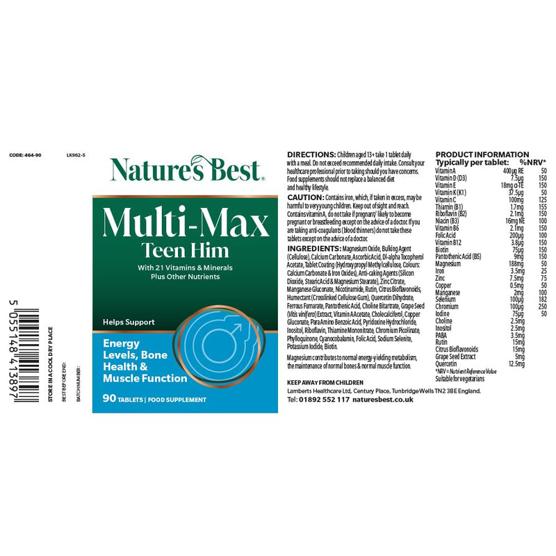 Nature's Best Multi-Max Multivitamin for Teen Him - with Vitamin C, Selenium and Magneisum - Growth & Development Support for Boys 13-19 - UK Made - 90 Tablets (3 Months' Supply)