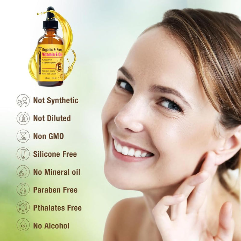 Seven Minerals Ultra Pure Vitamin E Oil - Full-Spectrum D-Alpha Tocopherol, 1 Fl Oz - 100% Organic Vitamin E Oil for Skin, Face, Hair, and Scars - Naturally Occurring = Not Synthetic 1 Fl Oz (Pack of 1)
