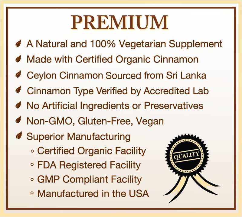 [Australia] - USDA Certified Organic Ceylon Cinnamon Capsules, Non-GMO Verified Supplement - 120 Capsules, 2 Month Supply 