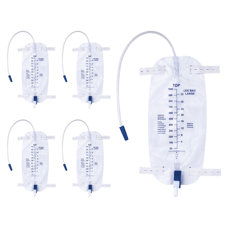 [Australia] - 1000ml Catheter Leg Bags, Urinary Drainage Bag for Men Women with Anti-Reflux Valve, 18‚Äù Tubing and Adjustable Cloth Straps, Easy Flip Drain (Pack of 5) 1000 ML - 5 Pack 