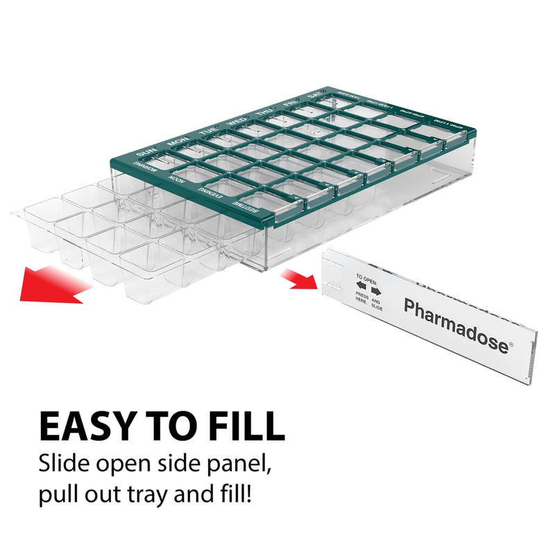 Ezy Dose Pharmadose Weekly 7-Day, 4X/Day Pill Organizer, Green, Medium | 28 Medium Compartment Pill Case, Medicine Planner, Vitamin Organizer with Easy Fill Tray, BPA Free Medium 8"x5.25"x1.25" (Pack of 1)