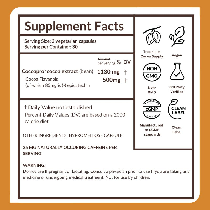 [Australia] - CocoaVia Cardio Health Supplement, 30 Day, 500mg Cocoa Flavanols, Support Heart Health, Boost Nitric Oxide, Blood Circulation, Energy, Vegan, Dark Chocolate, 60 Capsules Capsules (Pack of 1) 