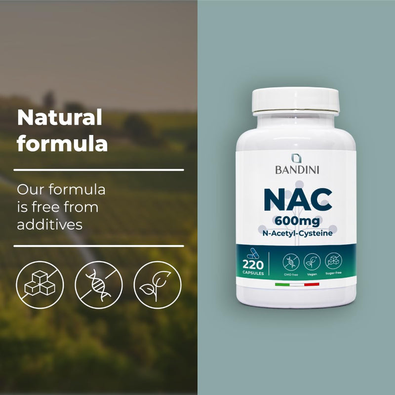 Bandini® NAC N-Acetyl-Cysteine 600 mg | 220 Vegan Capsules (+7 Months) | Glutathione Precursor | 1 Capsule per Day | High Bioavailability of N Acetylcysteine Supplement | N-Acetyl Cysteine 600mg 220 count (Pack of 1)