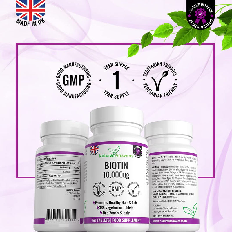 365 Biotin Hair Growth Tablets (1 Years Supply) - Vegetarian 10,000UG Vitamin B7 Supplements for Men and Women, Healthy Hair, Skin & Nails Support - UK Manufactured