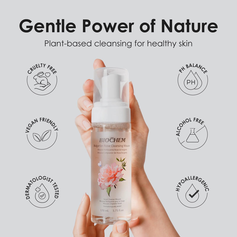 BIOCHEM Bulgarian Rose Foaming Face Wash, Vitamin C (5.75 fl oz / 170 mL) | 3-in-1 Cleanser Mousse with Rose Oil & Hyaluronic Acid, Hydrating Gentle Daily Cleanser, Cruelty-Free for All Skin Types