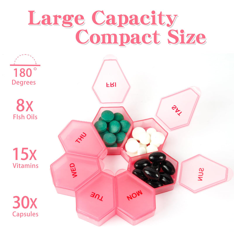 [2Pack] 7-Day Weekly Pill Organizer,Daily Vitamin Pill Case,Travel Pill Box | [Pink&Black] [Portable Medication Management Pill Box for Home Travel Purse Pocket] Pink&black
