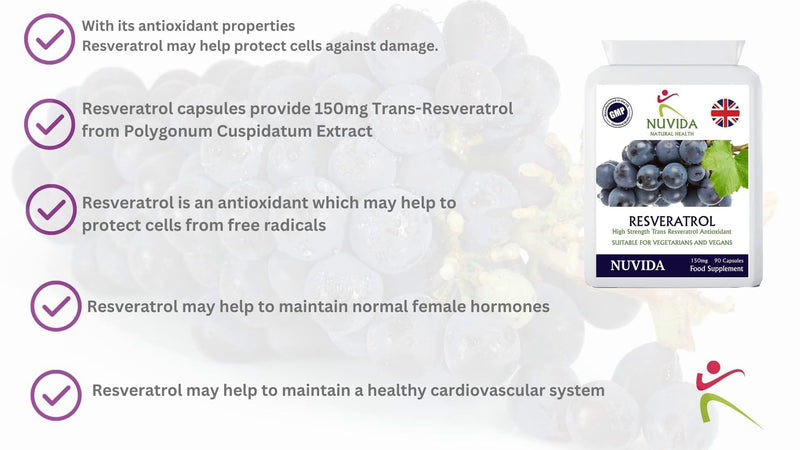 Nuvida Resveratrol Capsules - 90 High Strength Trans-Resveratrol Targeted Release Capsules - Premium Antioxident Supplement